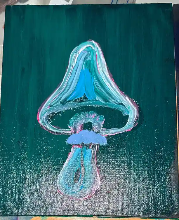 A hand-painted canvas depicts a stylized mushroom with a teal and blue cap, a textured stem, and a dark green background…