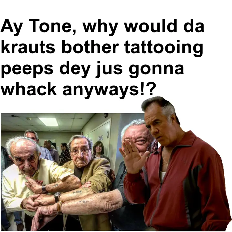 The image shows a group of elderly men, some with visible tattoos on their arms, standing together in what appears to be a…