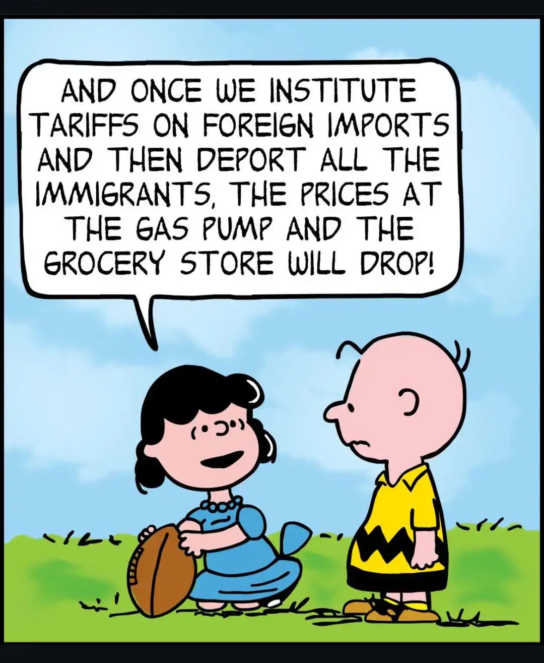 A cartoon image shows Lucy van Pelt kneeling on grass holding a football, smiling as she speaks to Charlie Brown, who stands…