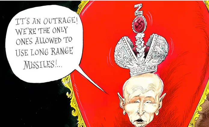 A cartoon depicts a caricatured elderly man with pointed ears and a bald head, wearing an ornate crown adorned with a…