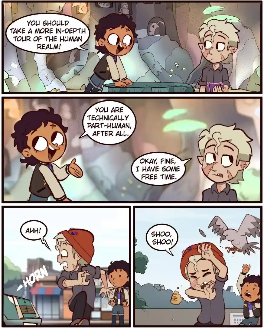 A four-panel comic strip from 'The Owl House' shows Luz encouraging Ed to tour the human realm, convincing him he's…