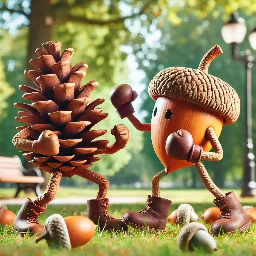 Two anthropomorphic forest objects, a pinecone and an acorn, are shown in a park setting wearing boxing gloves and boots…