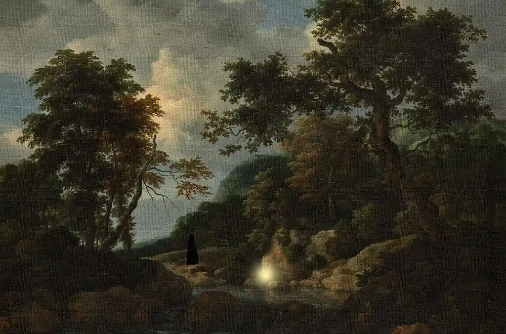 A classical landscape painting depicts a lone figure in dark robes standing on a rocky path near a stream, gazing toward a…