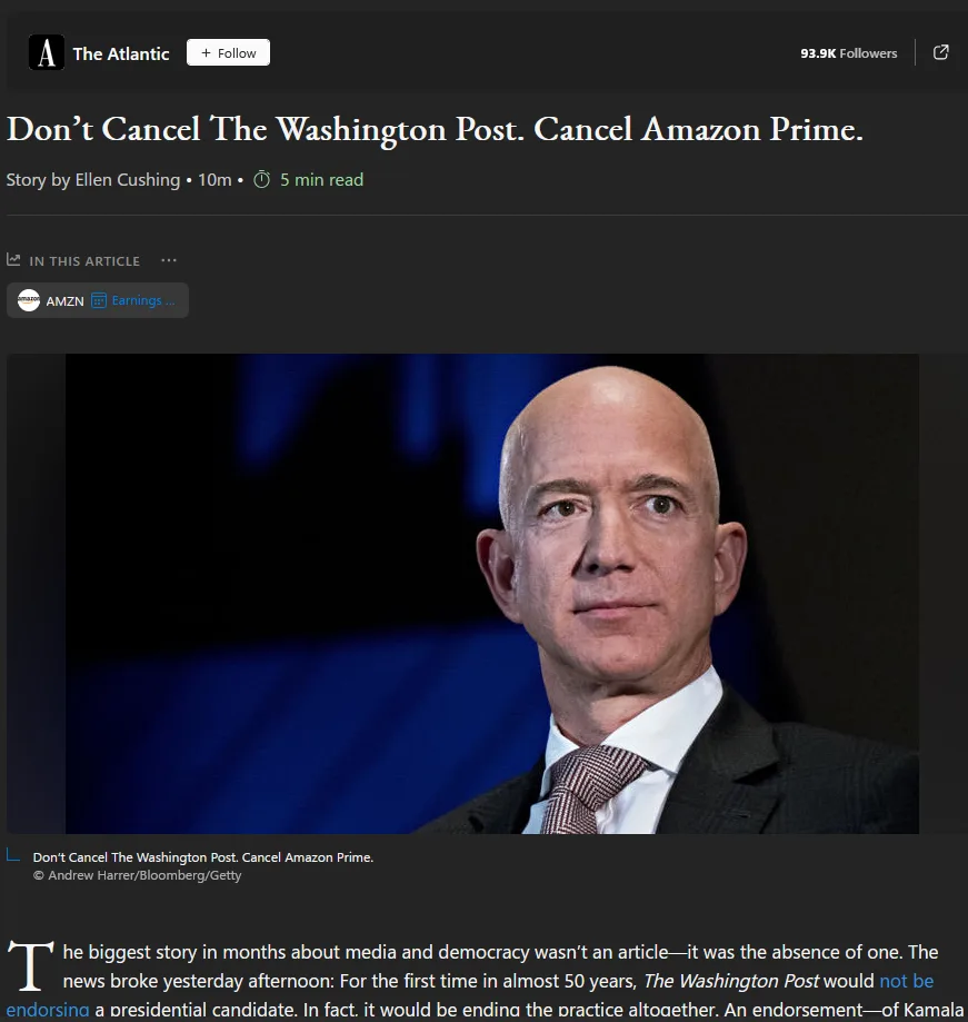 A screenshot of a The Atlantic article titled 'Don't Cancel The Washington Post. Cancel Amazon Prime.' features a photo of…