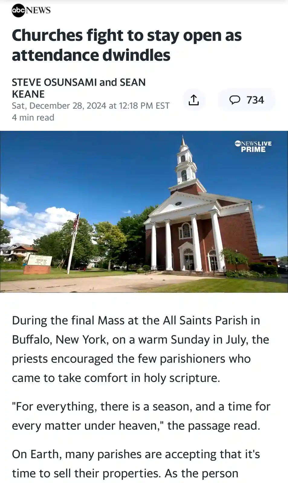An abc news article screenshot shows a red brick church with white columns and a steeple under a blue sky. The headline…