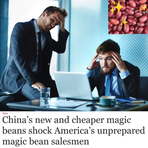 Two men in business suits sit at a desk with a laptop, both holding their heads in frustration. In the top right corner, a…