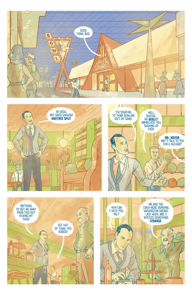 A comic strip depicts a man frustrated with his bowling game, lamenting 'another split' and deciding to leave. He is…