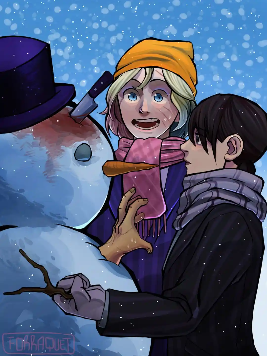 An anime-style illustration shows a blonde woman in a yellow beanie and pink scarf, visibly terrified as a knife is pressed…
