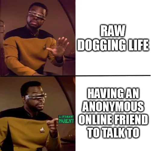 The image is a two-panel meme featuring the same Black man in a Starfleet uniform from Star Trek: The Next Generation. In…