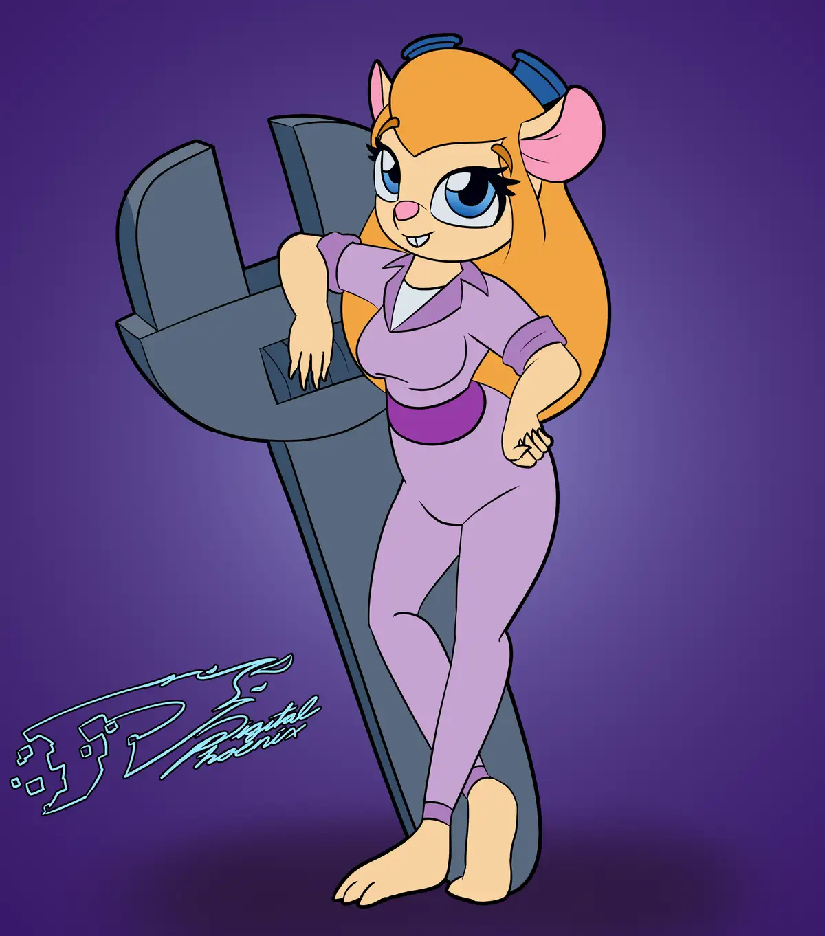 A cartoon female squirrel with orange hair, blue eyes, and pink ears is leaning against a large, gray, stylized letter 'L'…