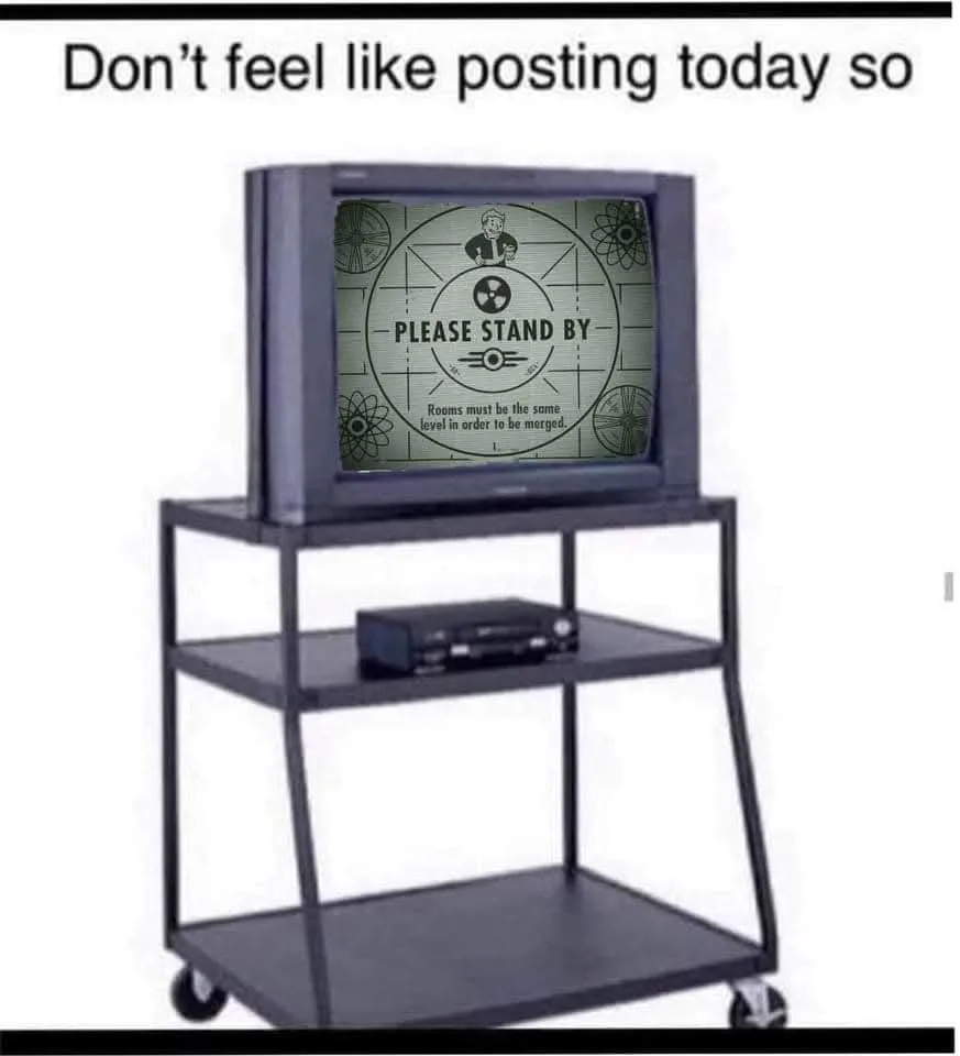 An old CRT television on a black rolling cart displays a 'Please Stand By' screen with a Fallout Vault Boy logo and the text…
