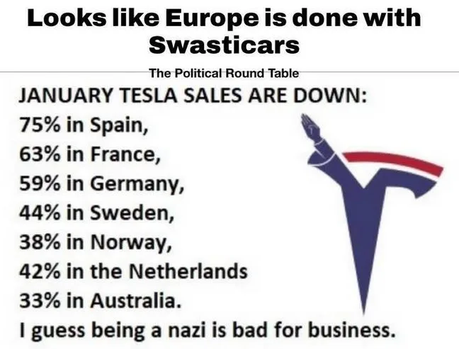 A meme image displays a list of January Tesla sales declines in various European and Australian countries, with percentages…