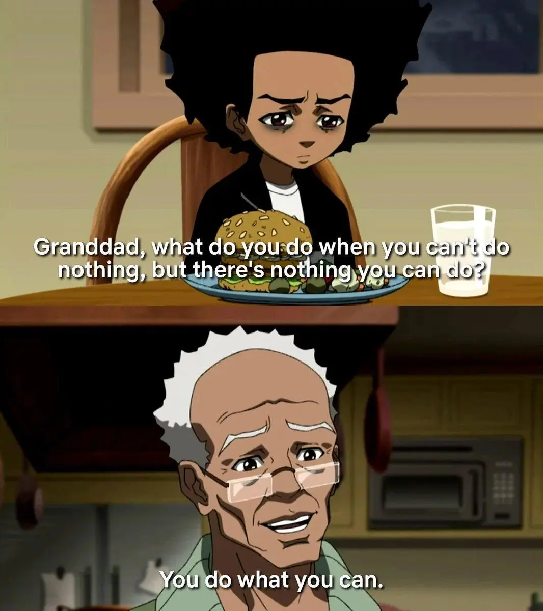 The meme features two panels from an animated show. The top panel shows a young Black child sitting at a dining table with a…