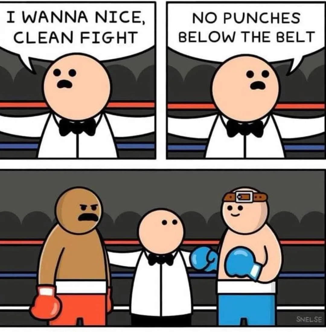 A two-panel comic shows a bald referee in a white tuxedo saying 'I WANNA NICE, CLEAN FIGHT' and then 'NO PUNCHES BELOW THE…
