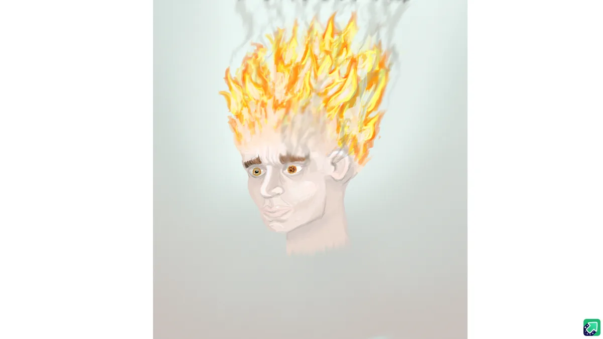 A digital illustration shows a man's head with bright orange and yellow flames erupting from his hair, smoke rising above…
