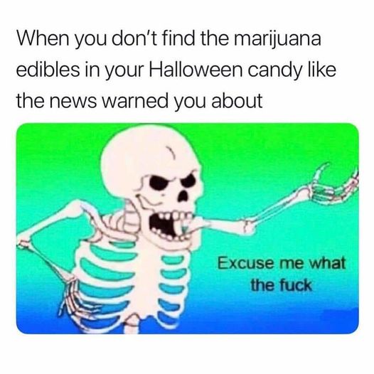 A cartoon skeleton with an angry expression, mouth open in shock, arms outstretched, against a green-to-blue gradient…