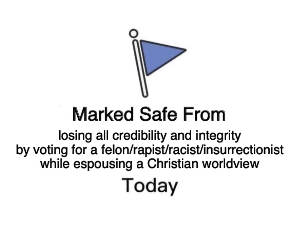 A minimalist image shows a blue triangular flag on a pole centered above bold black text. The text reads 'Marked Safe From…