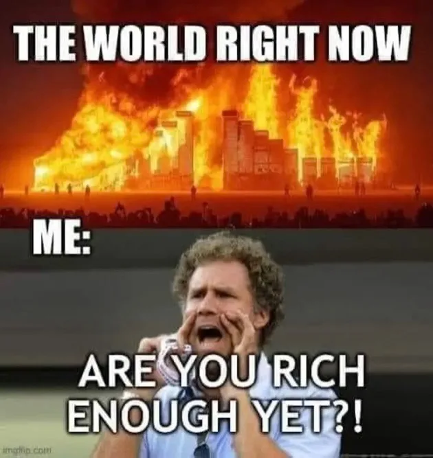 The top panel shows a city skyline engulfed in massive flames with the text 'THE WORLD RIGHT NOW'. The bottom panel features…