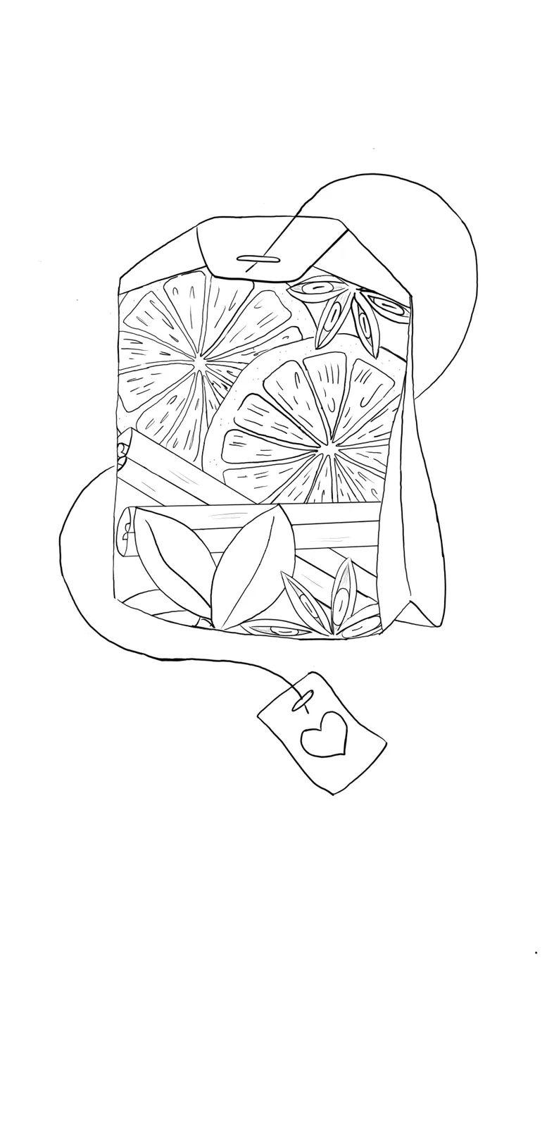 A black-and-white line drawing of a tea bag with a heart-shaped tag, filled with citrus slices, cinnamon sticks, and leaves…