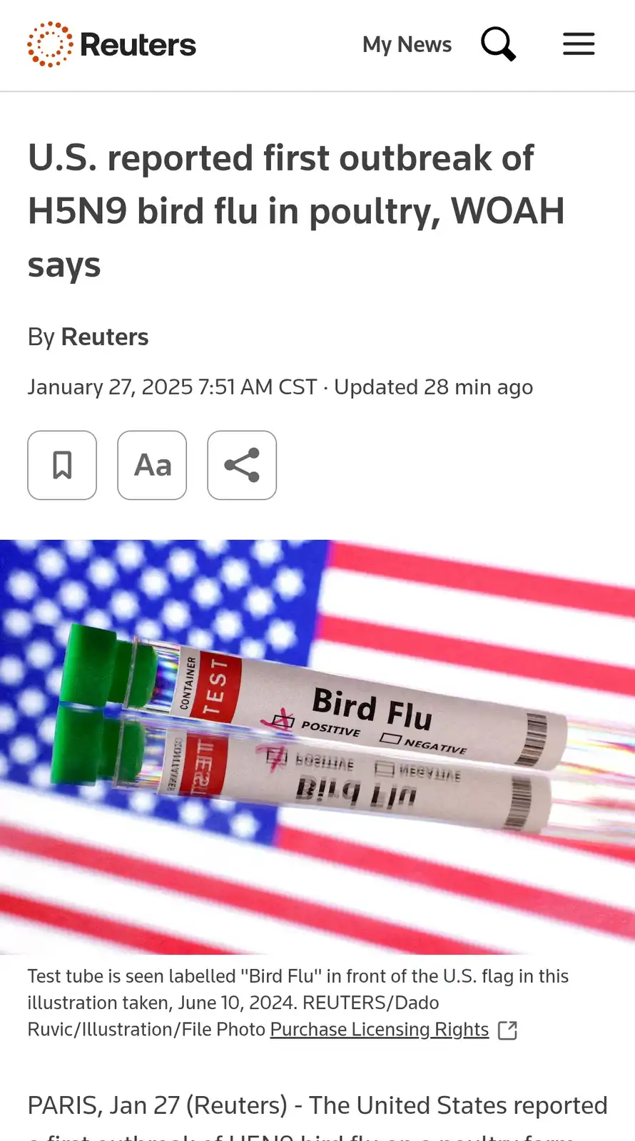 A screenshot of a Reuters news article about a U.S. bird flu outbreak, featuring an illustration of two test tubes labeled…