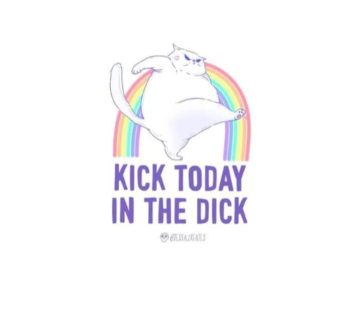 A cartoon illustration of a plump white cat with a smug expression, kicking its hind leg out in front of a rainbow arc…