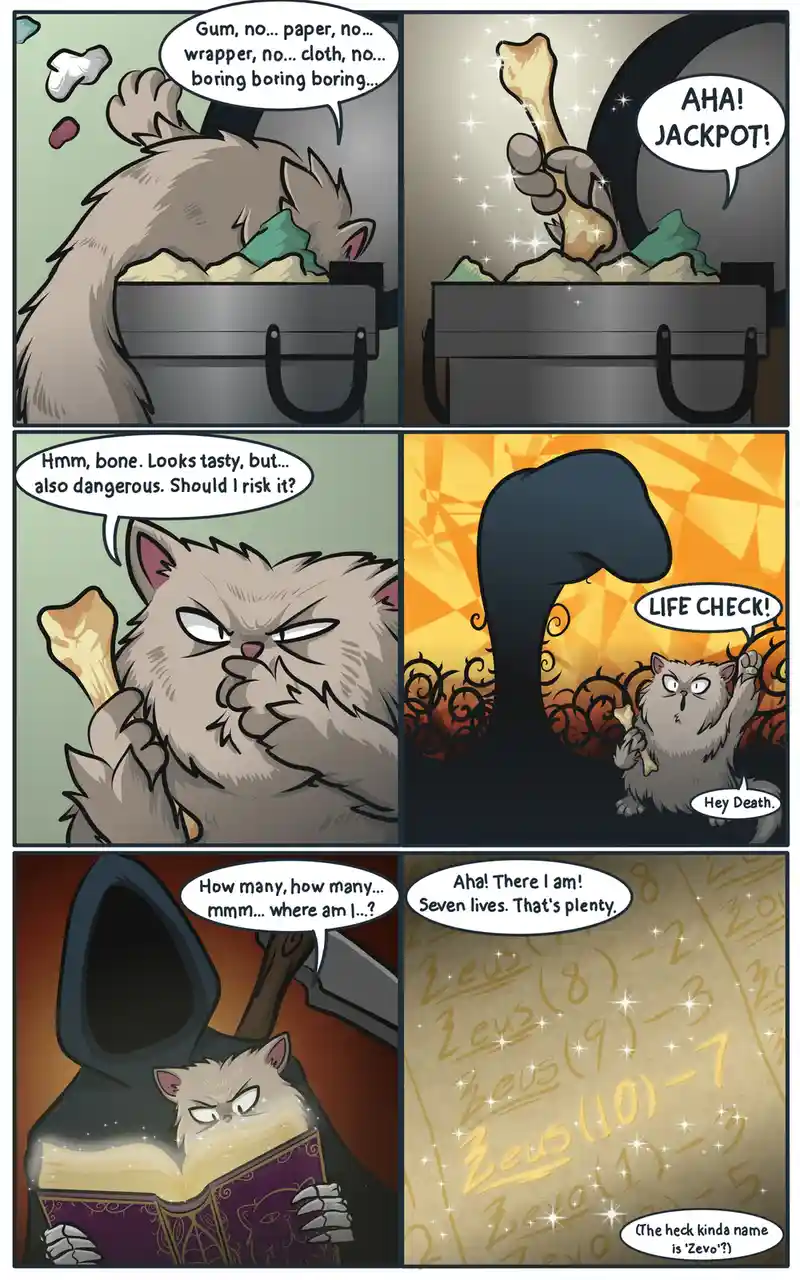 A comic strip shows a fluffy grey cat searching through trash, finding a bone, hesitating before eating it, then calling…