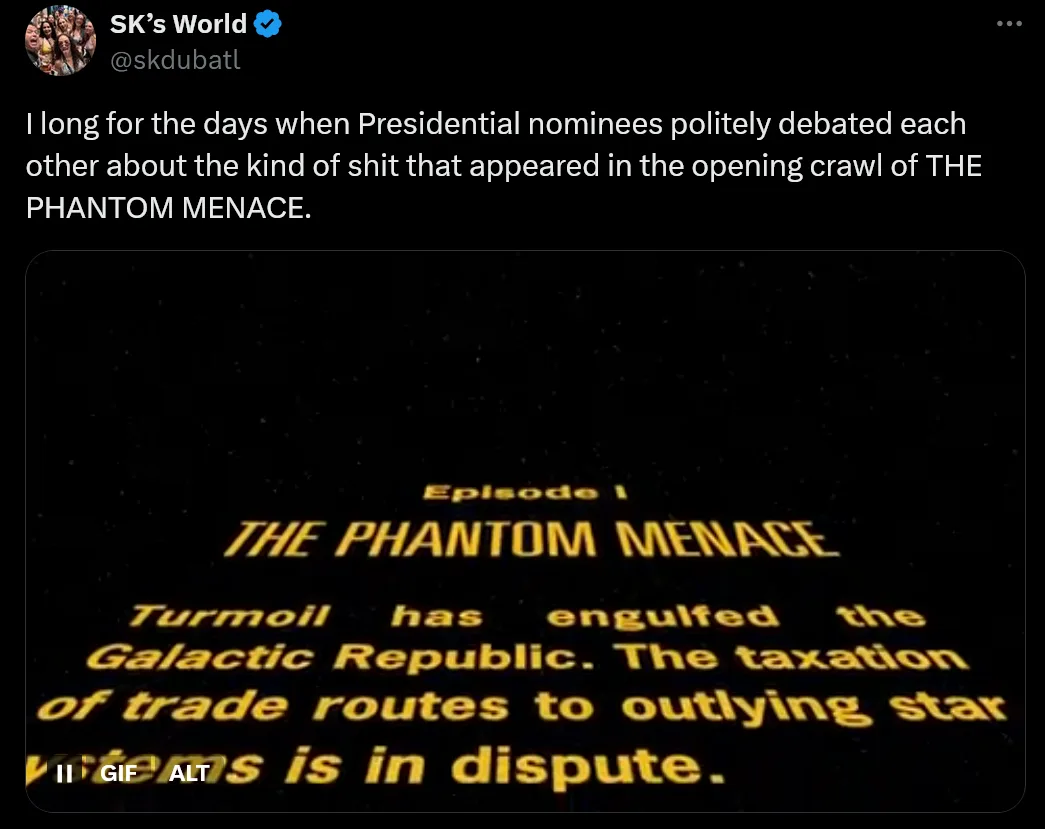 The image displays the iconic opening crawl from Star Wars Episode I: The Phantom Menace, featuring yellow text on a black…