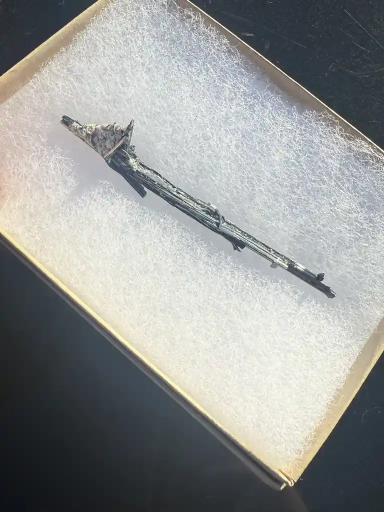 A long, dark, jagged object resembling a burnt stick or twig rests diagonally on white, fluffy packing material inside a…