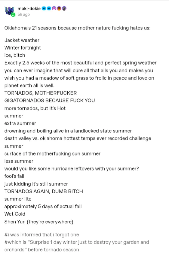 A screenshot of a social media post listing 21 exaggerated weather conditions in Oklahoma, from jacket weather to tornadoes…