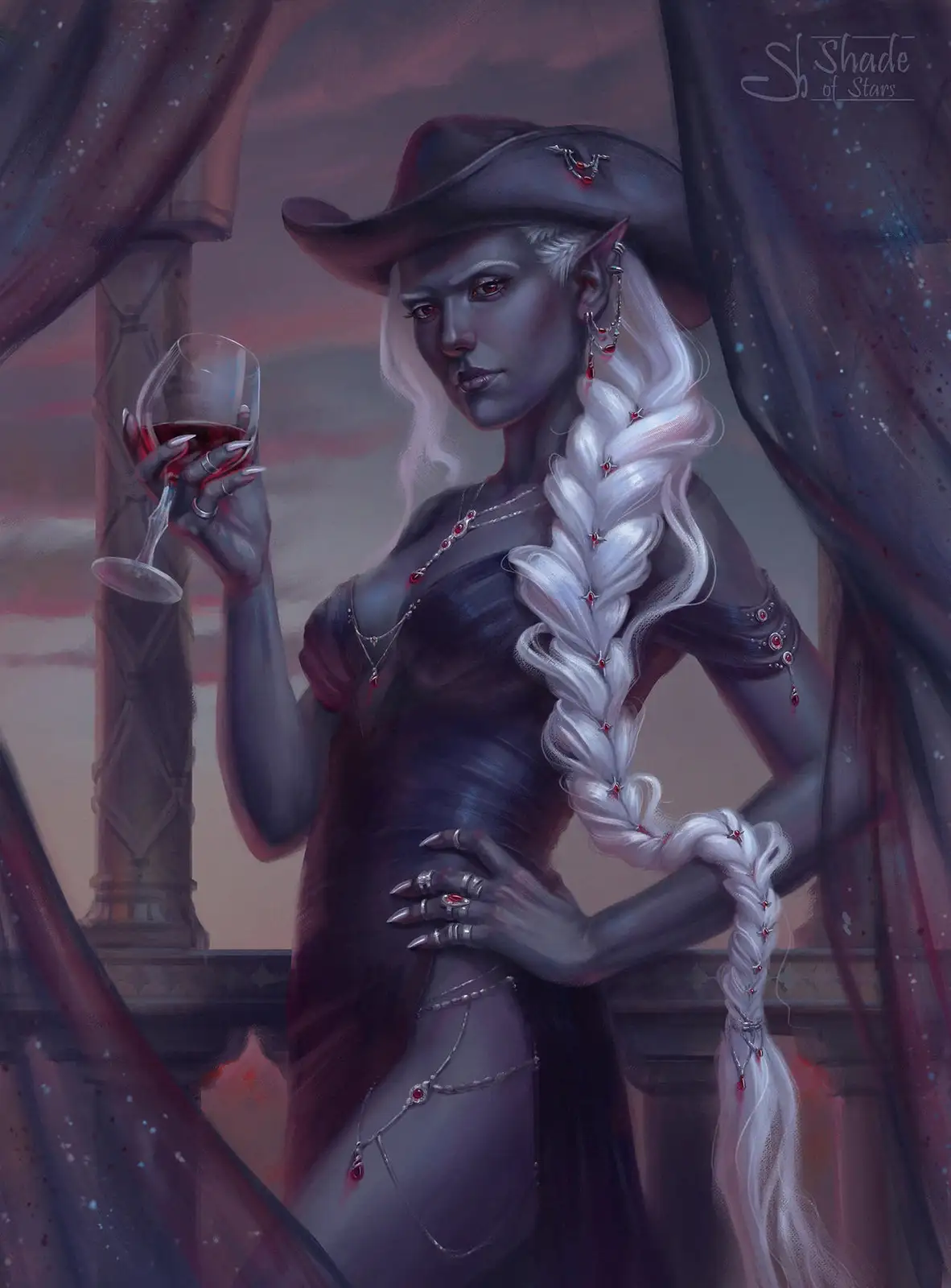 A dark-skinned elf woman with long white braided hair and pointed ears wears a black cowboy hat and a dark dress adorned…