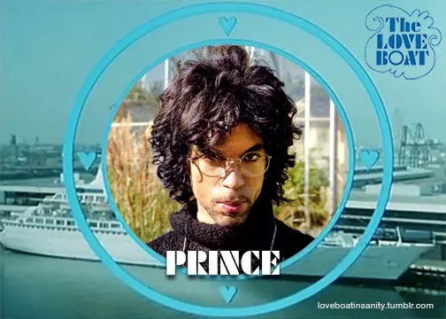 A photo of Prince is framed within a blue circular border with heart icons, overlaid with the text 'The LOVE BOAT' in the…