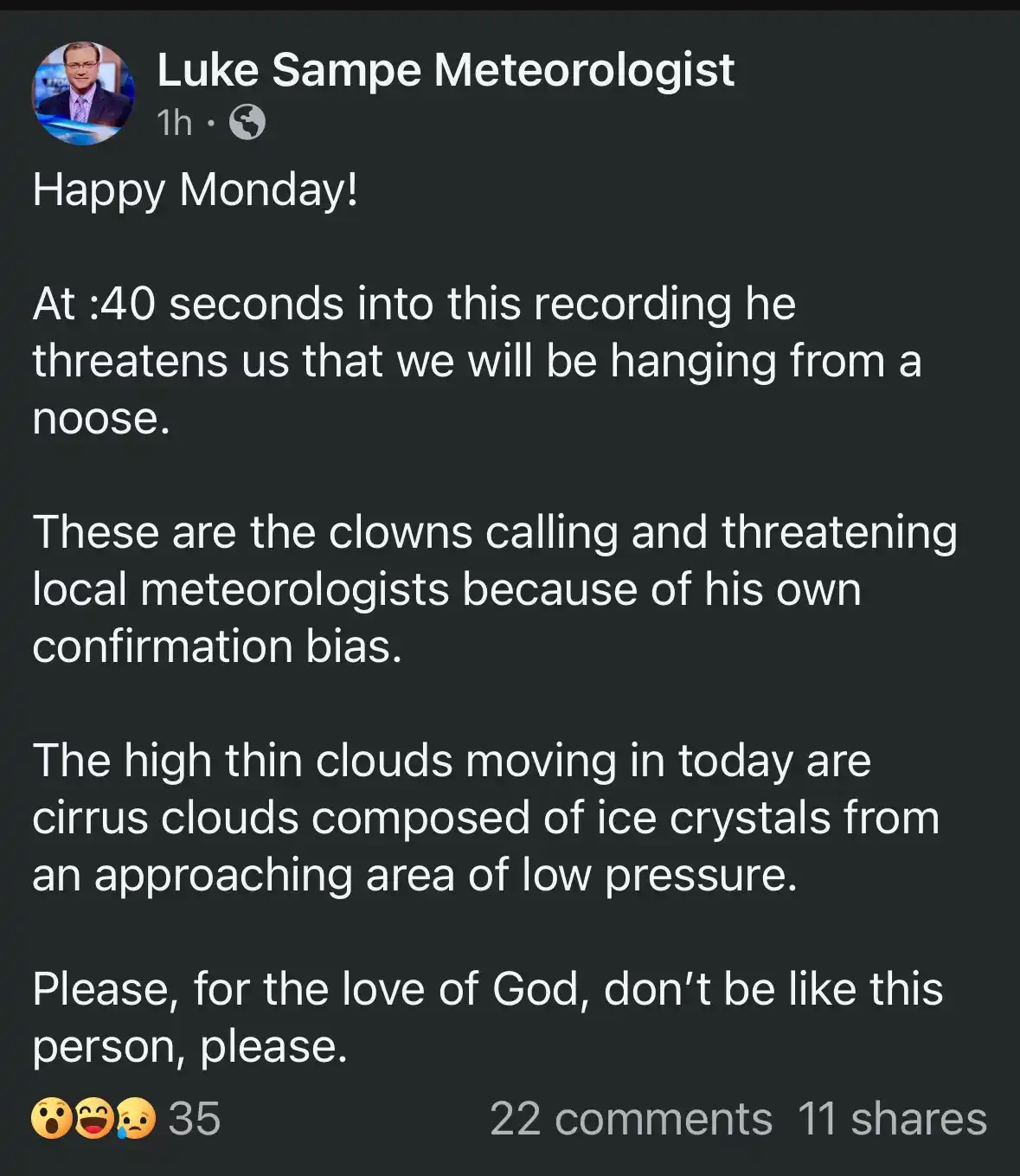 A screenshot of a social media post by 'Luke Sampe Meteorologist' criticizing a weathercaster for making a threatening…