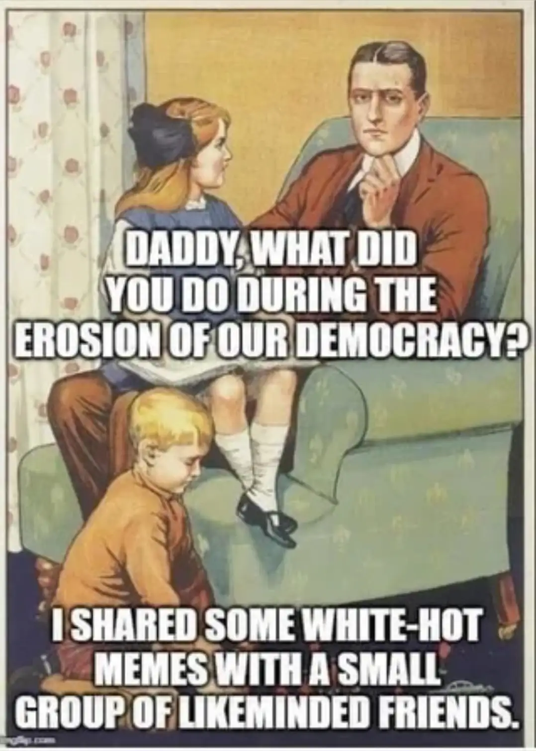 An old-fashioned illustration shows a father sitting in a green armchair with his daughter on his lap and his son on the…