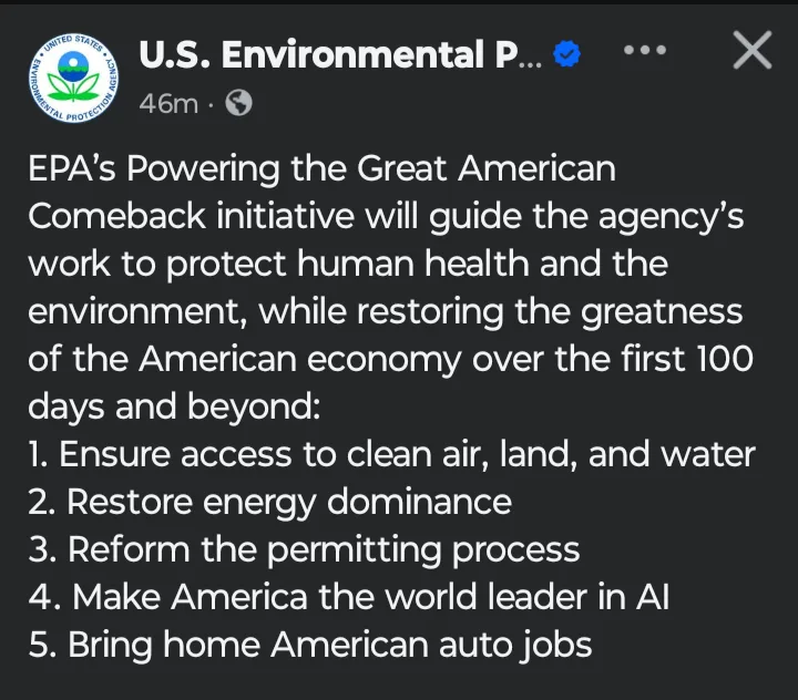 A screenshot of a U.S. Environmental Protection Agency social media post listing five goals for its 'Powering the Great…