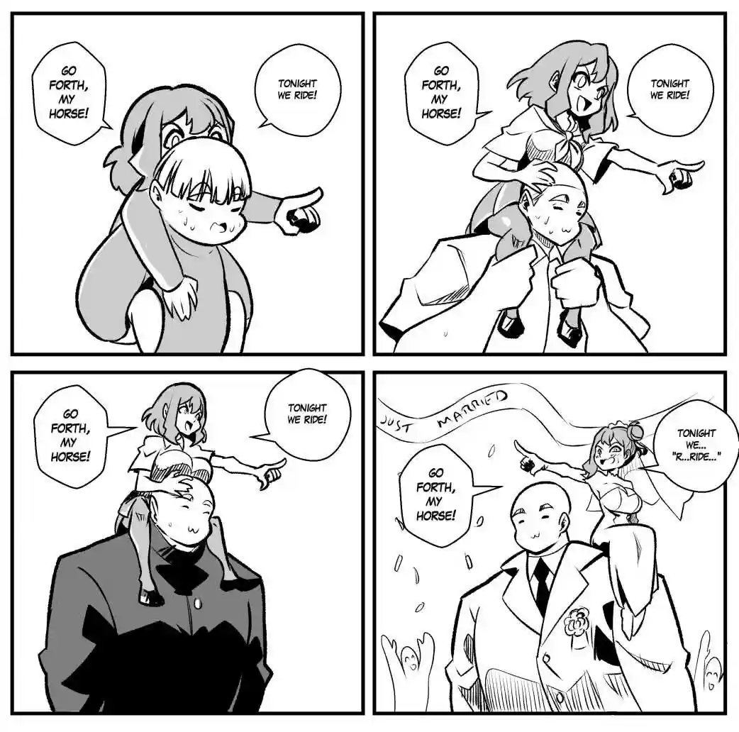 A four-panel black-and-white comic strip shows a woman repeatedly riding on the shoulders of a man, shouting 'GO FORTH, MY…
