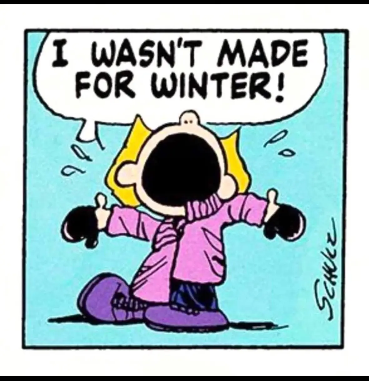 A cartoon character with yellow hair, wearing a pink coat, black gloves, and purple boots, is kneeling in the snow with arms…