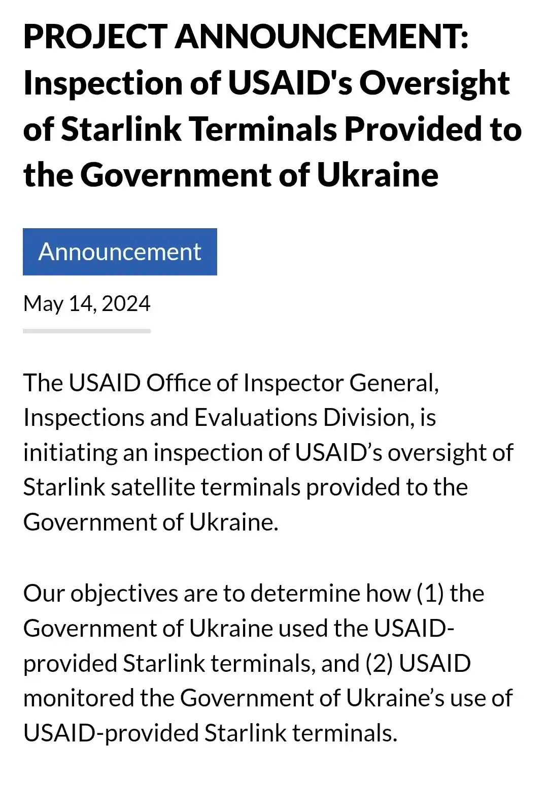 A screenshot of a formal USAID announcement dated May 14, 2024, declaring an inspection of USAID's oversight of Starlink…