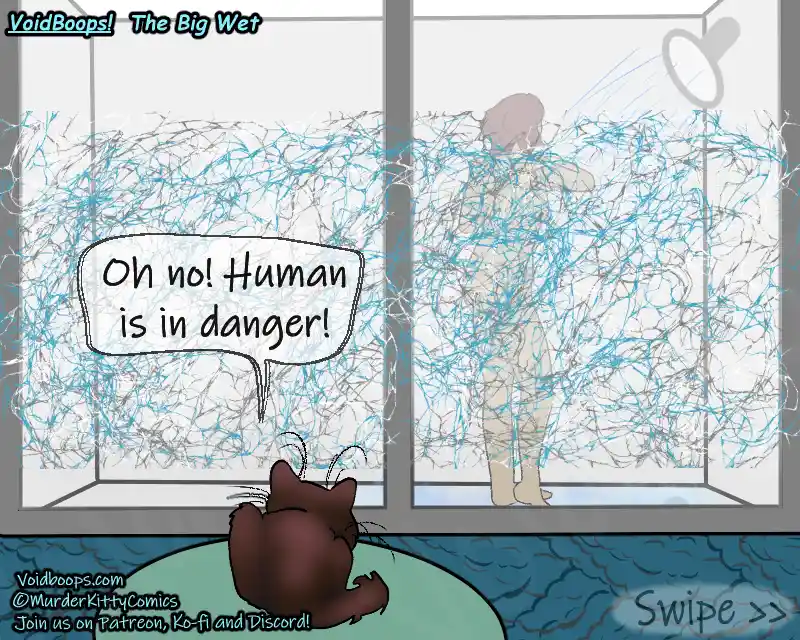 A cartoon cat watches through a window as a human stands in a shower, covered in blue and gray scribbles representing water…