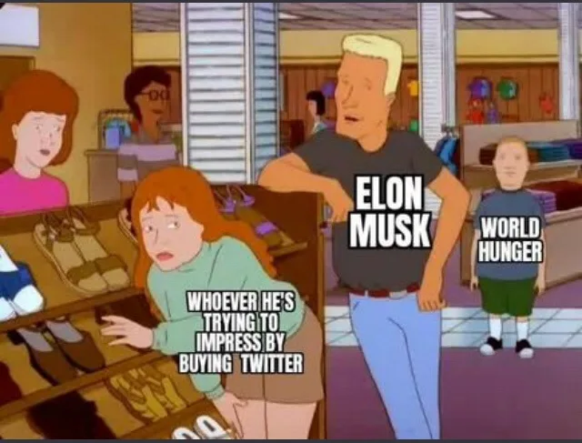 A scene from the animated show 'King of the Hill' shows a man labeled 'ELON MUSK' standing with a smug expression, while a…