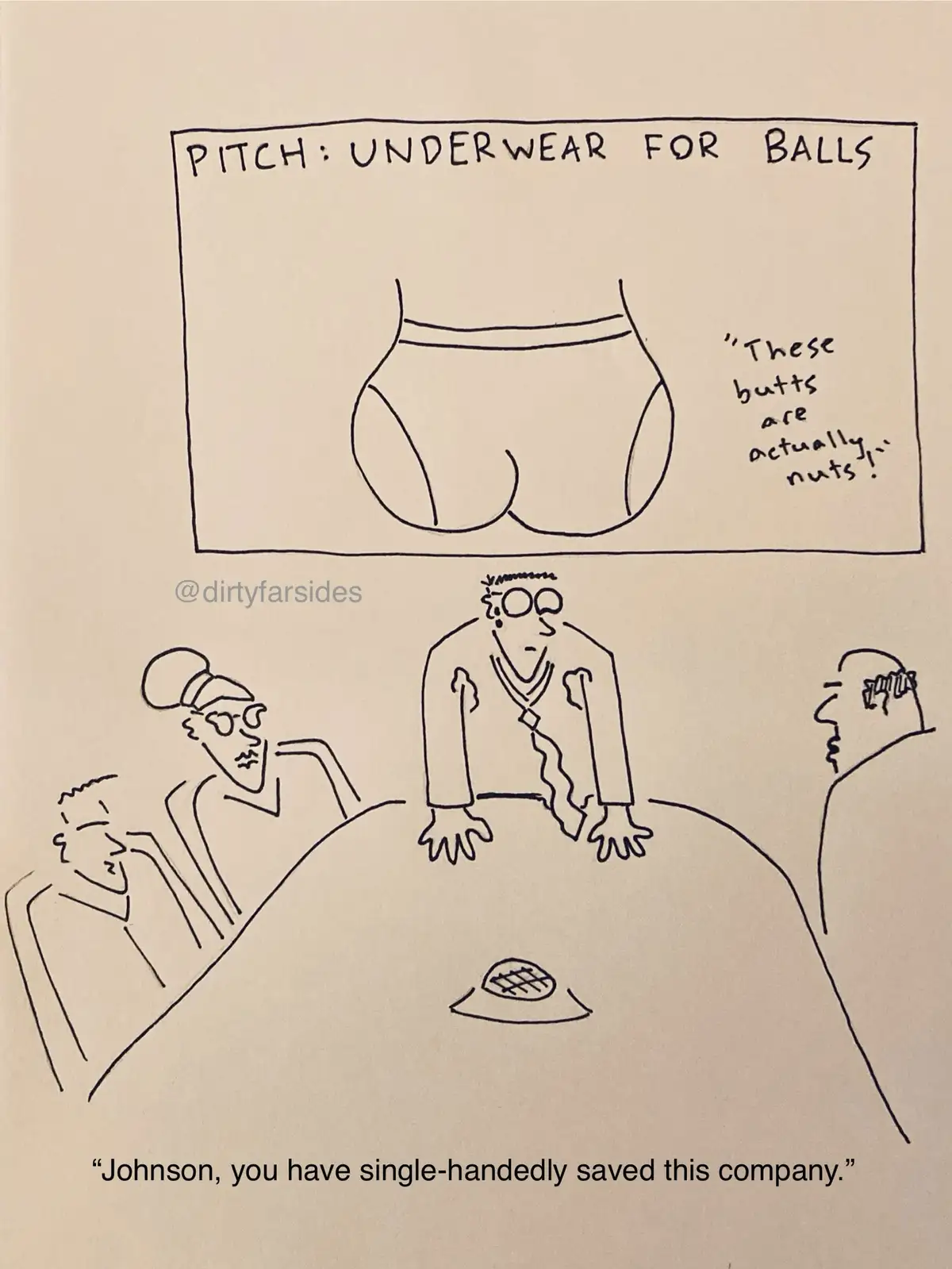 A black-and-white cartoon depicts a business meeting where a man named Johnson, wearing glasses and a tie, presents a…