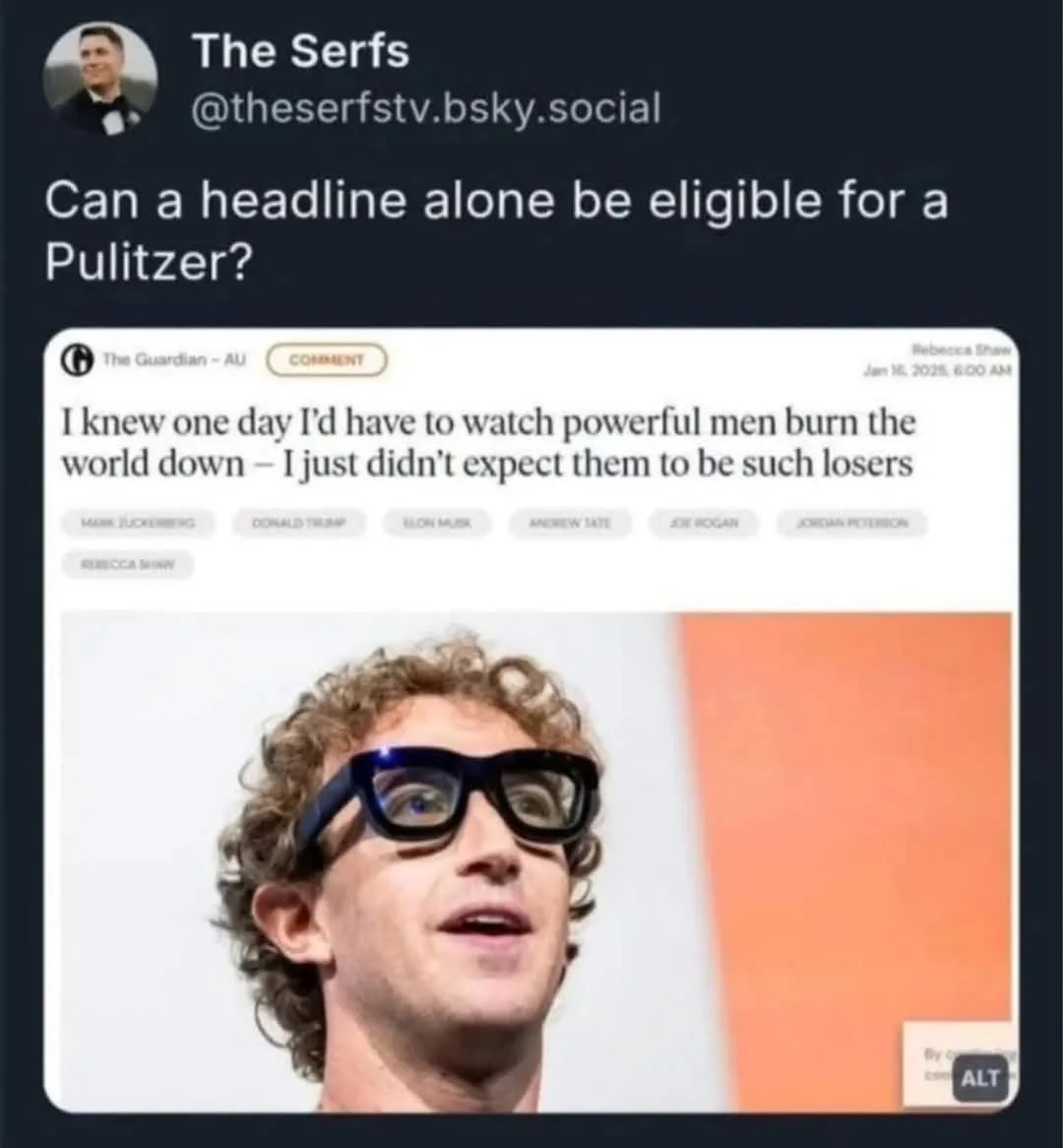A screenshot of a social media post by 'The Serfs' shows a mock Guardian article headline: 'I knew one day I'd have to watch…