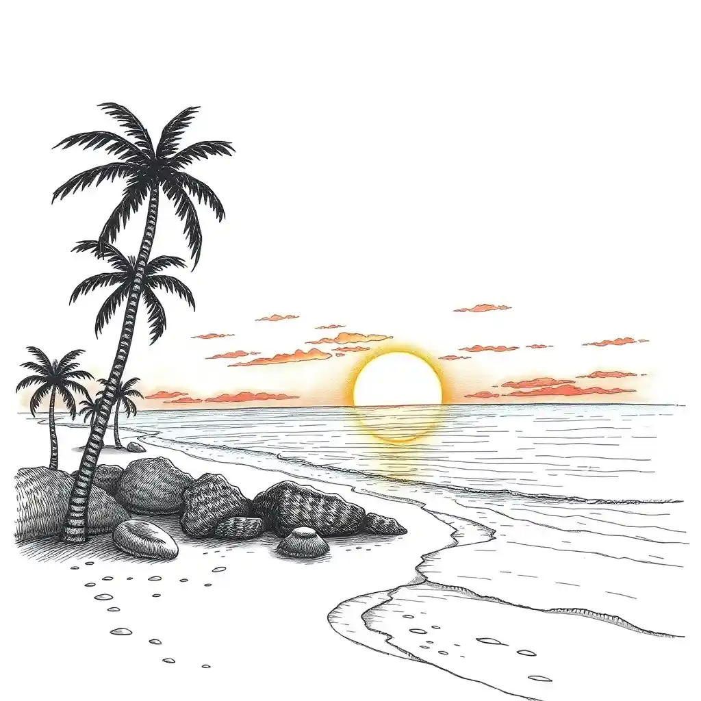 A hand-drawn illustration of a serene tropical beach at sunset, featuring palm trees, rocks, gentle waves, and a large sun…