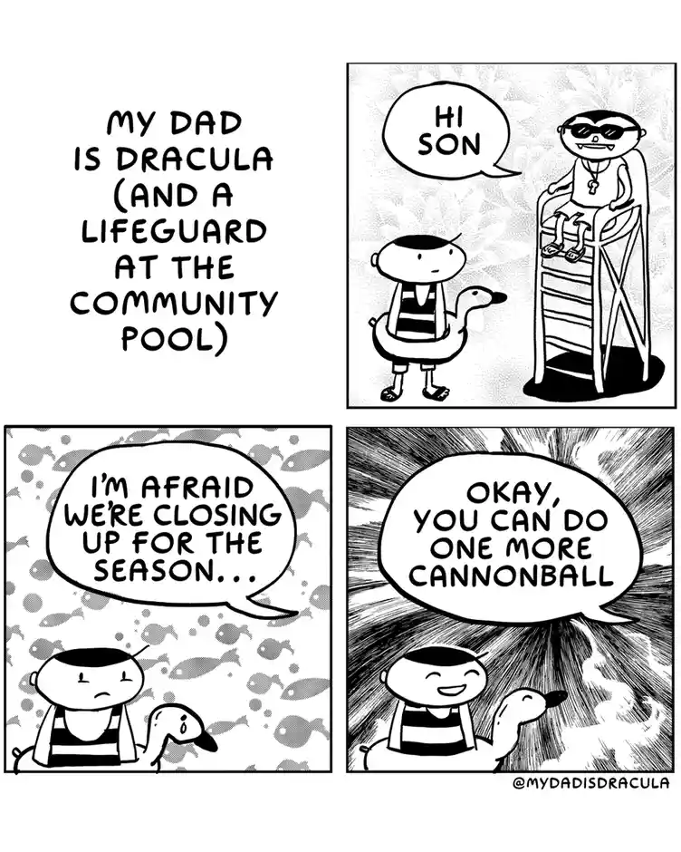 A four-panel comic strip shows a child in a duck-shaped floatie at a pool. The lifeguard, who is Dracula with fangs and…