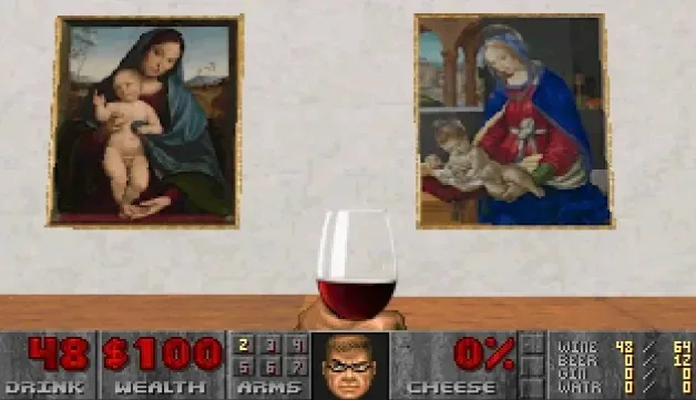A screenshot from a video game shows two Renaissance-style paintings of the Virgin Mary holding a baby Jesus on a wall. In…