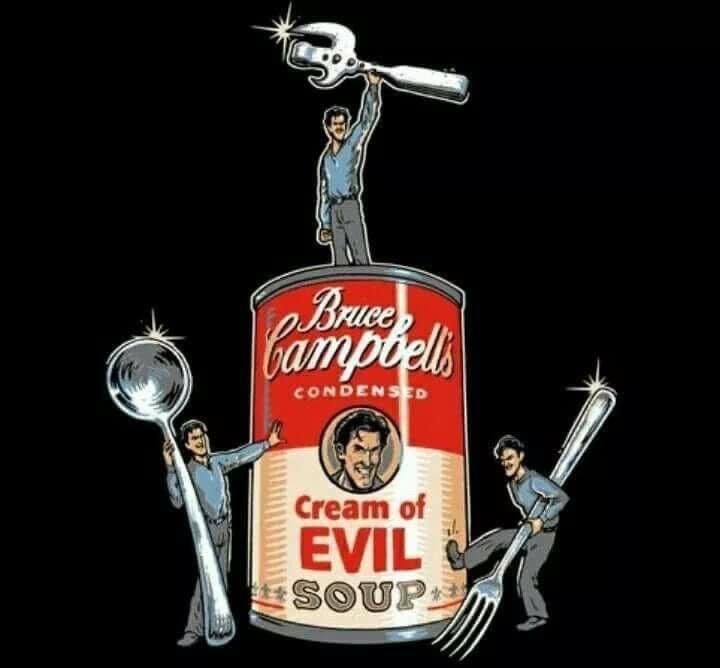 A cartoon illustration shows a giant can labeled 'Bruce Campbell's Condensed Cream of EVIL Soup' with a portrait of Bruce…