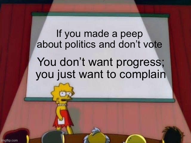 Lisa Simpson stands at a podium in front of a projector screen displaying the text 'If you made a peep about politics and…