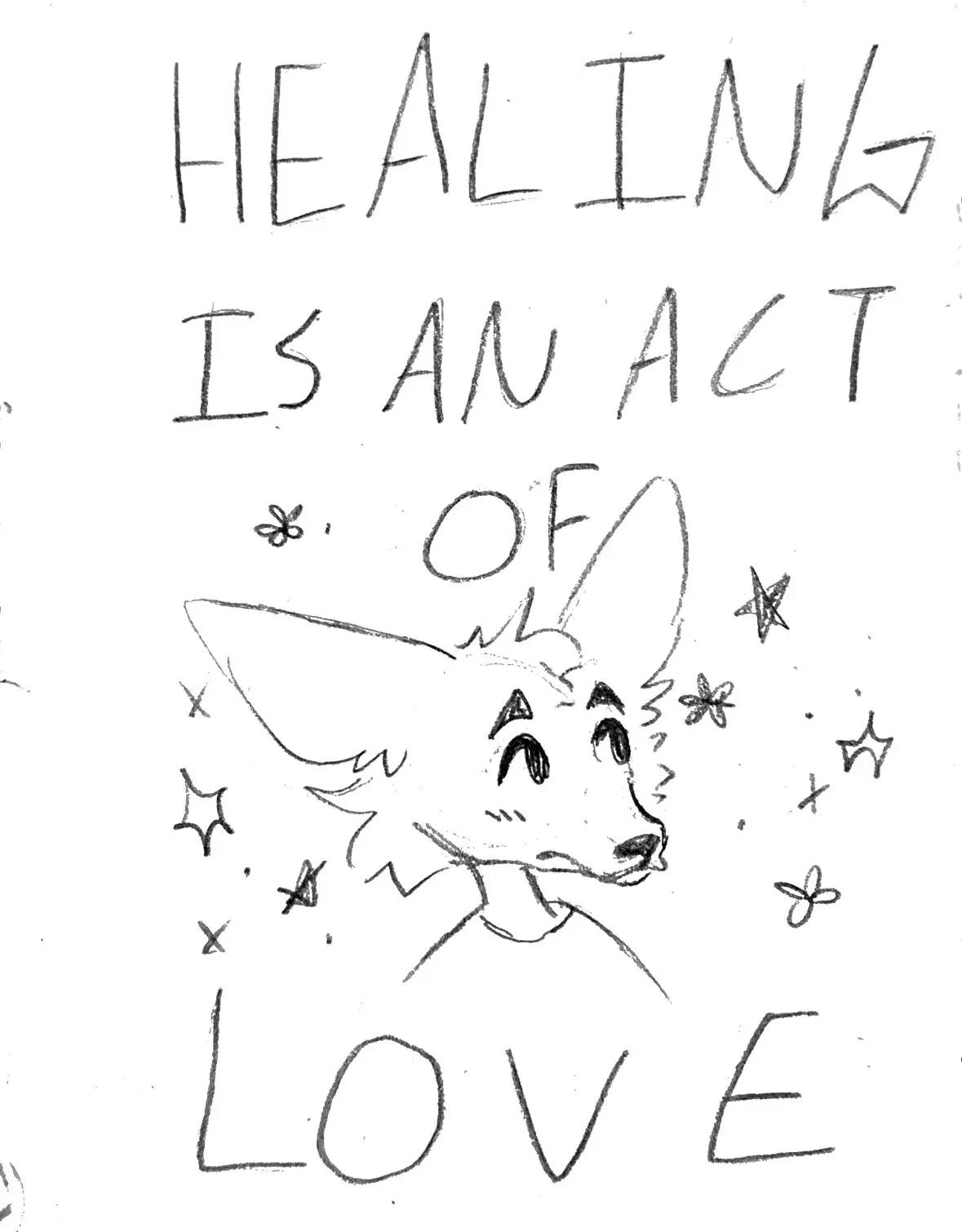 A hand-drawn black-and-white sketch shows a stylized anthropomorphic fox with large ears and a gentle expression, surrounded…