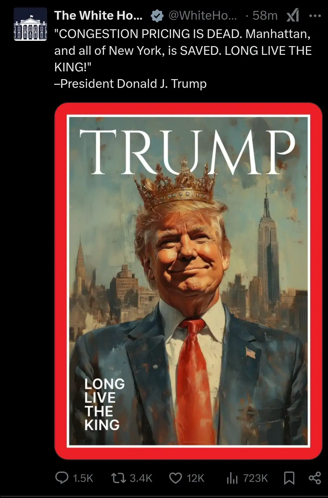 An AI-generated image styled like a magazine cover shows Donald Trump wearing a golden crown, smiling, against a New York…