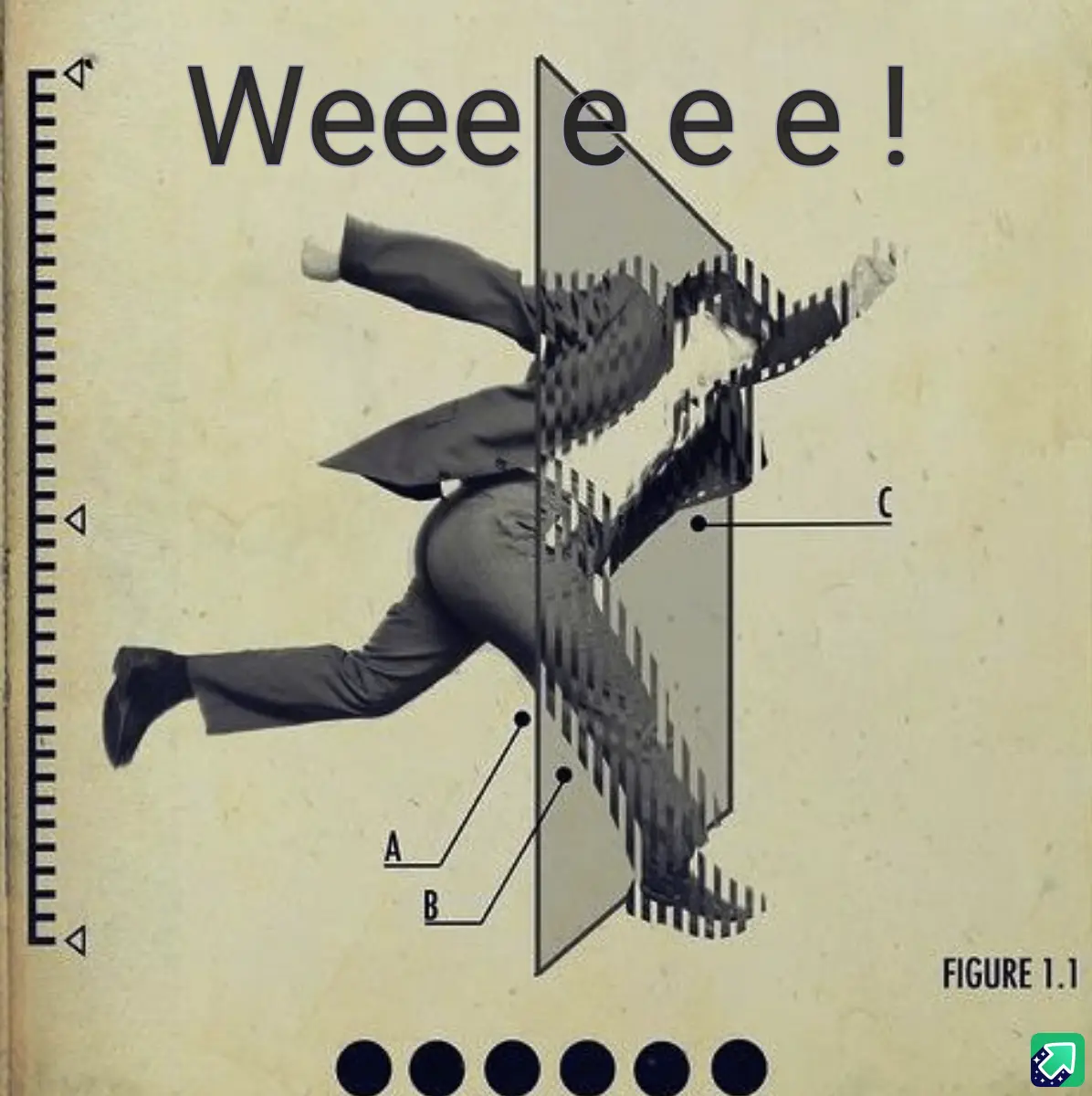 A black-and-white image shows a man in a suit running through a transparent barrier, with scientific annotations labeled A…
