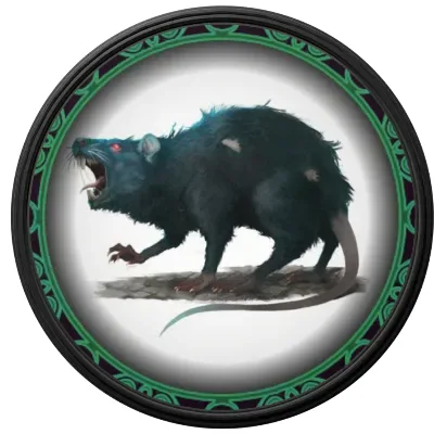 A menacing, black rat with glowing red eyes and bared teeth is depicted in a circular emblem with an ornate green and black…